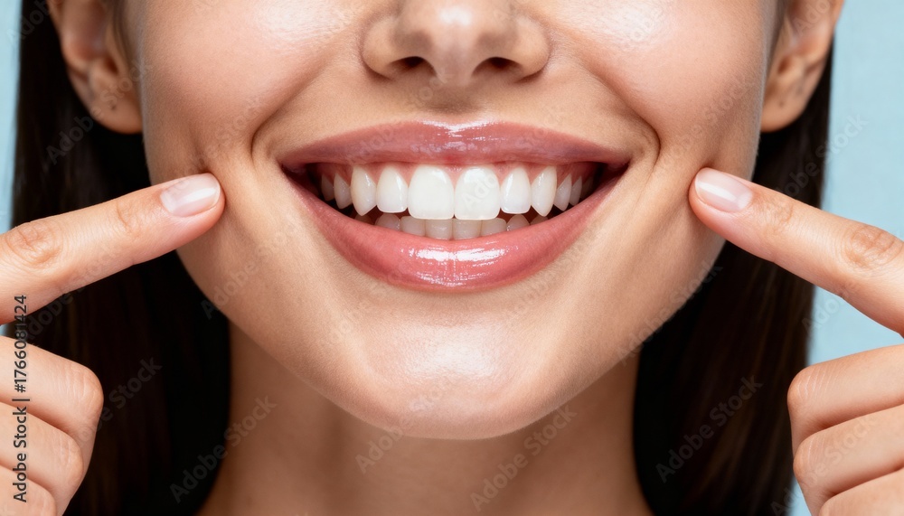Obraz premium Professional close-up of smiling woman’s mouth showing perfect teeth, index fingers pointing at cheeks, clean pale blue-grey background, banner format