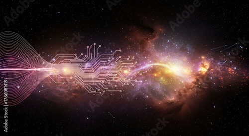 A circuit board morphs into cosmic energy, merging with a nebulae and flowing light amid a starry backdrop