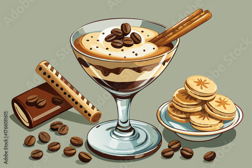 American style tiramisu
The American version of tiramisu with ladyfinger biscuits, coffee and mascarpone cream. Decorated with cocoa powder and chocolate chips. Attractive idea: serve in a martini gla
