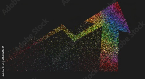A colorful, upward-pointing arrow composed of countless, shimmering particles against a dark backdrop, symbolizing growth
