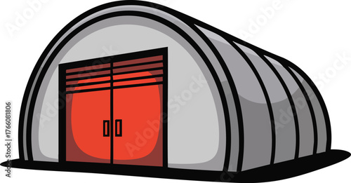 Quonset hut metal storage building with red double doors simple industrial warehouse vector design