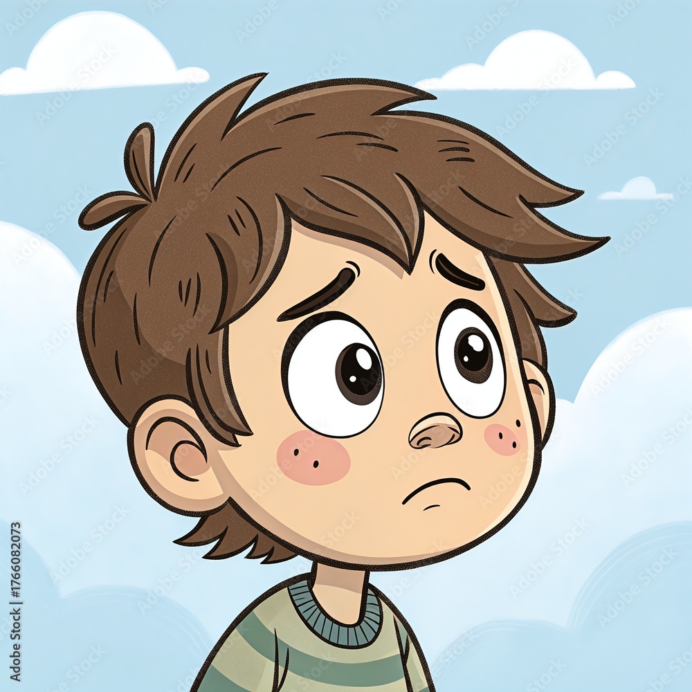Obraz premium A funny cartoon vector illustration of a smiling boy character with little hair, a bright face, and a fun fashion drawing
