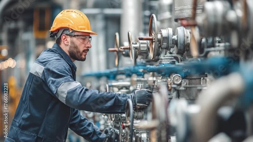 A worker in an orange hard hat and safety gear adjusts valves on a piping system in an industrial plant.