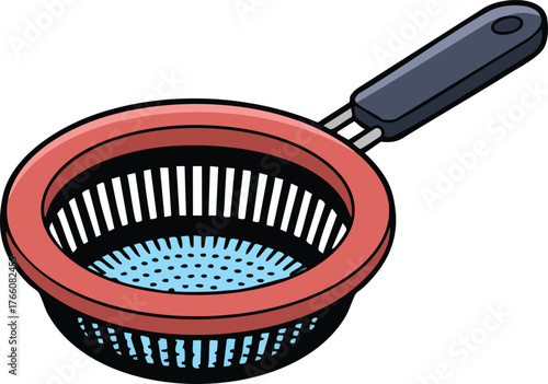 Kitchen colander with black handle and red rim for draining and straining food items in cooking processes vector illustration