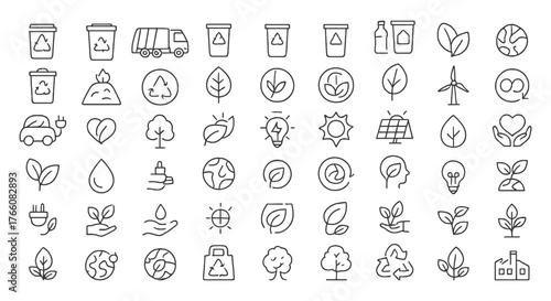 Ecology and recycling line icons — sustainability, green energy, and environmental protection