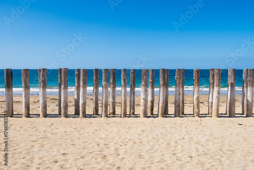Fototapet The sea, beach and breakwater trunks on Noirmoutier Island in France