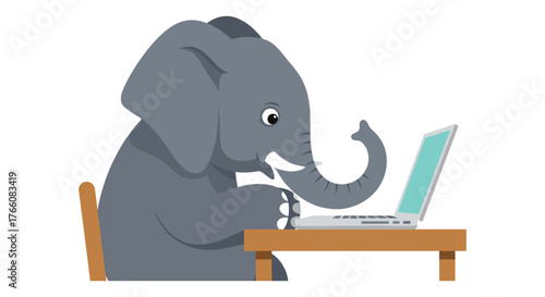Playful elephant typing on laptop at desk in cartoon style