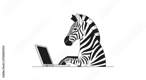Zebra typing on laptop in minimalist black and white design