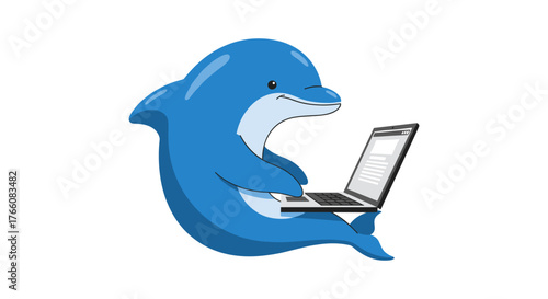 Cute dolphin using laptop for online learning and digital communication inspiration