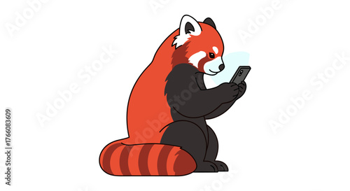 Cute red panda using phone in modern cartoon style