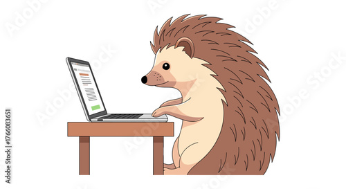 Cute hedgehog typing at laptop on desk in adorable cartoon style