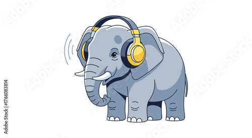 Elephant enjoying music with headphones in minimalist cartoon style