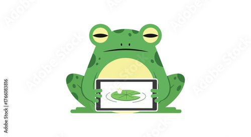 Grumpy cartoon frog holding digital tablet with water lily design