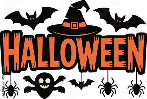 Halloween spooky text with witch hat bats spiders and skull for autumn celebration design vector