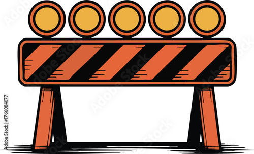 Construction barrier with five warning lights and striped caution pattern for road safety and traffic control vector illustration