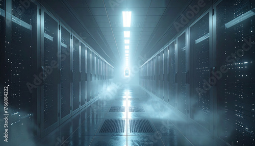 Data Center Passage: A futuristic perspective reveals the heart of modern technology—a server room with rows of digital storage units illuminated by a bright light.