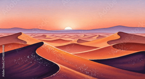 Watercolor modern artwork of the serene desert landscape at sunset, capturing the warm hues and vastness of the dunes