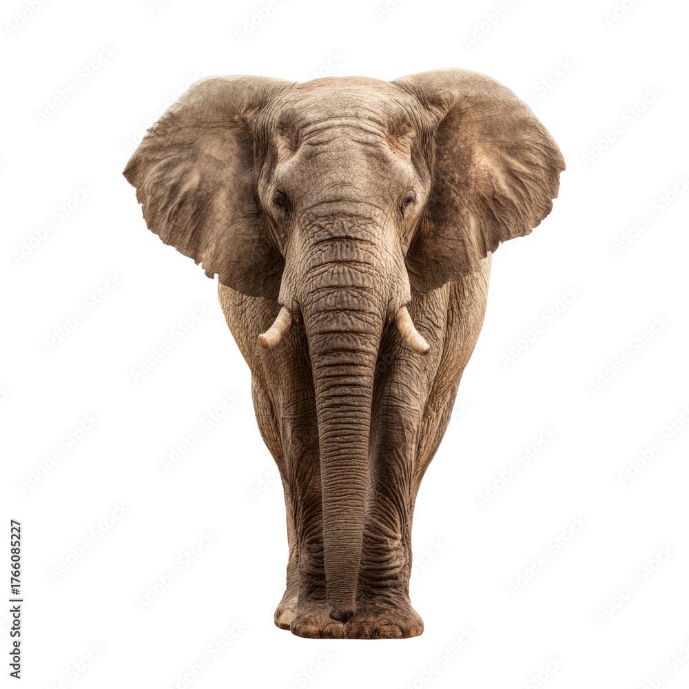 Fototapeta premium Majestic African elephant, front-on view. Features large ears, powerful trunk, and tusks against a vibrant transparent background. background removed