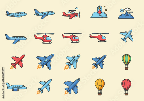 Set of various airplane models and flight icons on white background