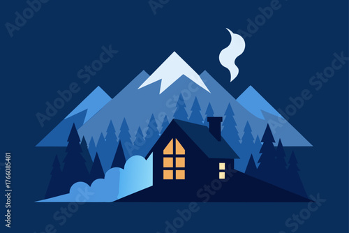 Vector illustration of a snowy house on the hill at night with a bright moon in a winter landscape