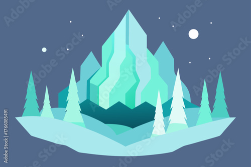 A sailing boat on the sea under a starry night sky with a snow-covered forest landscape vector illustration