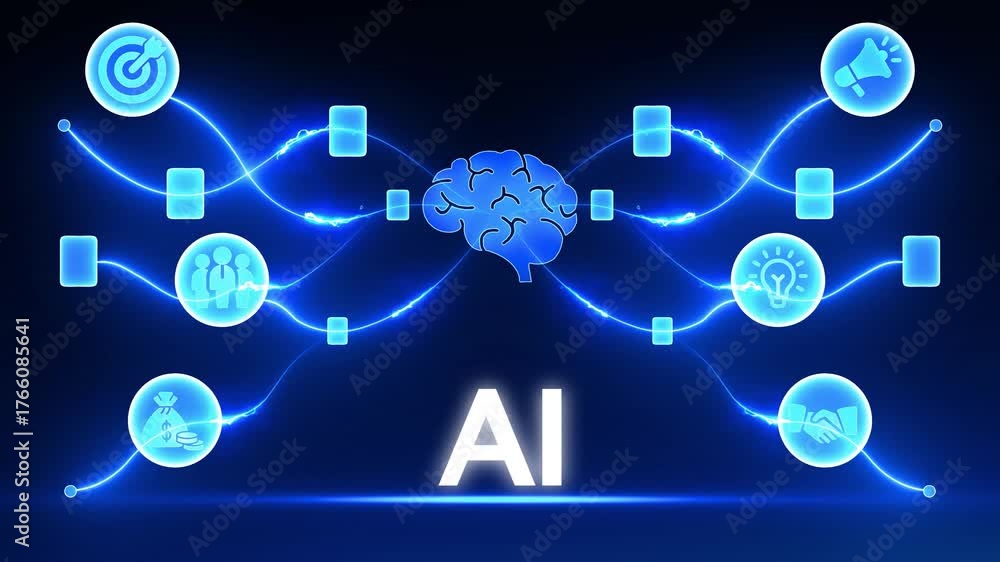 Digital network connecting brain icon to AI text with business icons and glowing blue lines artificial intelligence