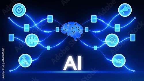 Digital network connecting brain icon to AI text with business icons and glowing blue lines artificial intelligence