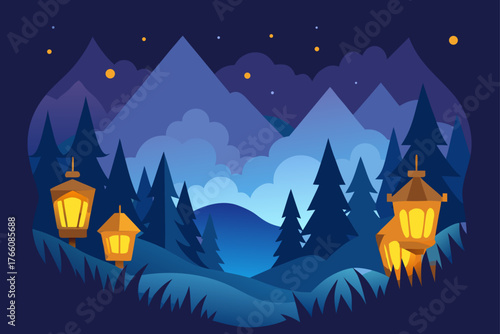 A vector illustration of a dark night landscape with a castle and a house silhouette under a moonlit sky