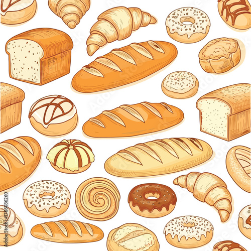 Seamless pattern of delicious baked goods including bread croissants and donuts with artistic watercolor illustration