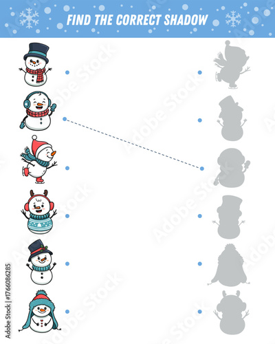 Find correct shadow of cartoon snowman. Educational logical game for kids. Christmas game. Vector illustration