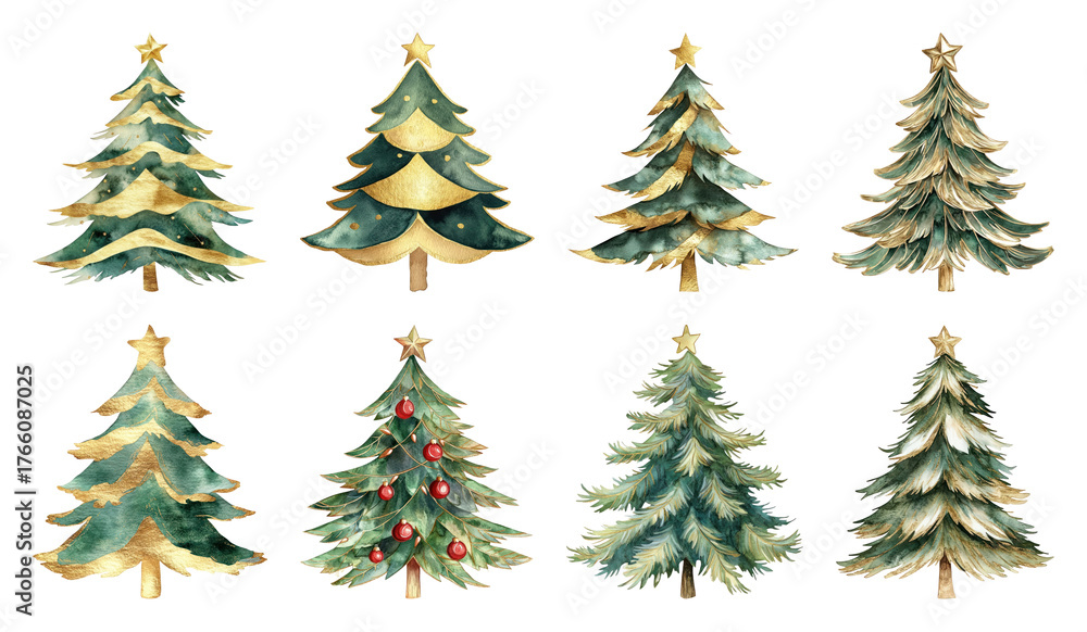 Fototapeta premium PNG Elegant watercolor Christmas trees, element set on transparent background