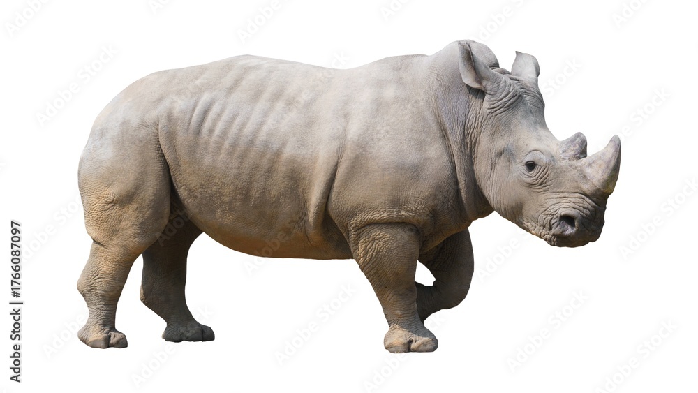 Fototapeta premium White Rhinoceros Walking Isolated on White Background – Realistic African Wildlife Photography - 1