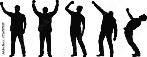 Silhouette people celebrating success, victory pose, teamwork achievement, motivational energy, empowerment concept, dynamic triumphant figures, unity celebration, inspirational lifestyle illustration