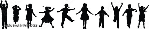 Children silhouettes jumping, running, dancing, playing, active kids group, childhood fun, youth energy, teamwork, fitness, happiness, lifestyle, motion, joy