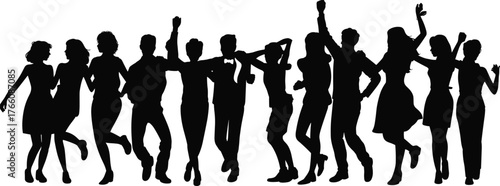 Silhouette group dancing celebration, joyful people party movement, energetic crowd happiness, festive dance event, social gathering fun, unity expression art