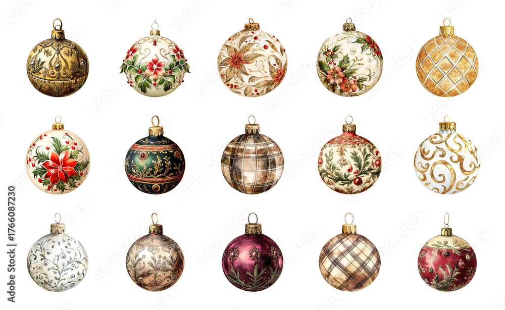 Fototapeta premium PNG Vintage ornate Christmas ornaments collection, element set on transparent background