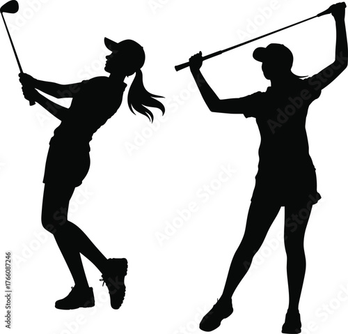 Female golf silhouettes, women golfers swinging clubs, athletic sports action, dynamic motion, outdoor recreation, fitness lifestyle, competitive game, summer activity, training practice
