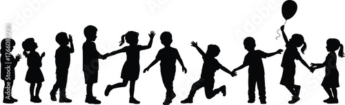 Silhouette children playing, happy kids group, childhood fun, outdoor activity, friendship, teamwork, joy, balloon, running, jumping, clapping, waving, holding hands
