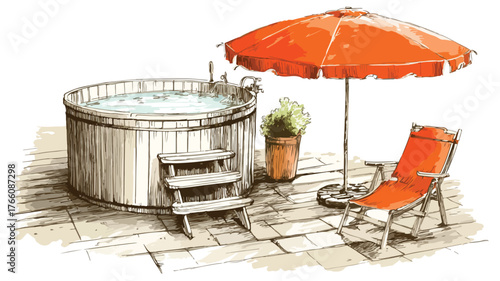 Relaxing Hot Tub Scene with Umbrella and Chair in Backyard