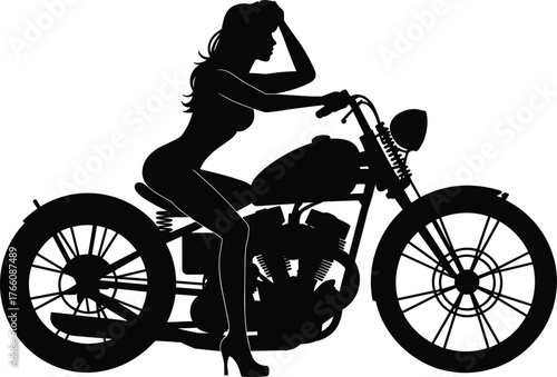 Silhouette woman on vintage motorcycle, stylish biker pose, long hair, high heels, dramatic artistic illustration, bold retro motorbike design