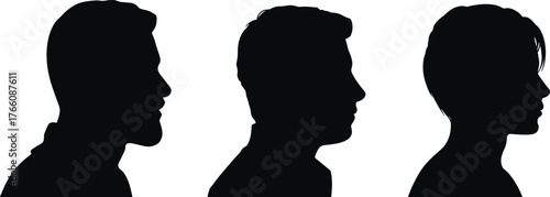 Human head profile silhouettes, male and female faces, side view illustration, diverse hairstyle variation, identity concept, vector art design