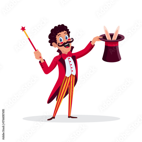 Magician with top hat and magic wand.  Circus, fair, carnival. Vector illustration