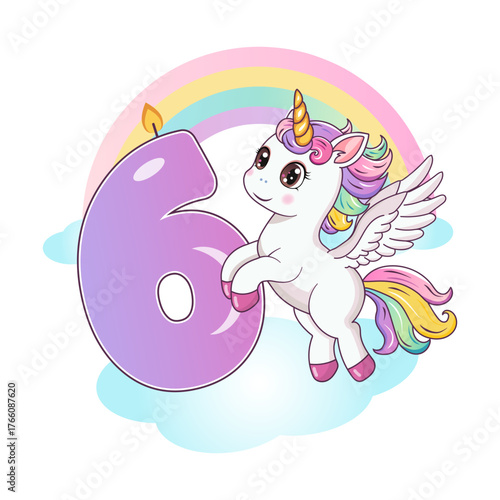 Birthday party invitation. Template. Cute unicorn with the number 6. Vector illustration