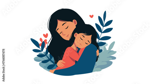 Tender Mother and Child Hugging Vector Illustration with Outline