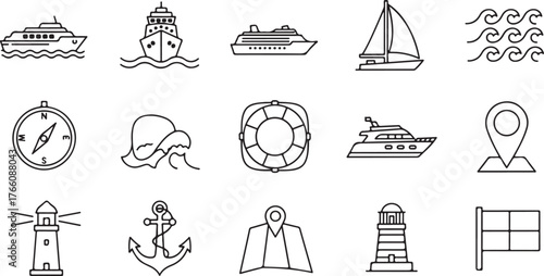 Collection of hand drawn nautical icons for maritime travel transportation and adventure themes vector