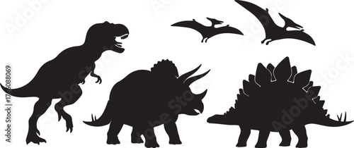 Iconic dinosaur silhouettes tyrannosaurus rex triceratops stegosaurus pterodactyls prehistoric creatures collection vector