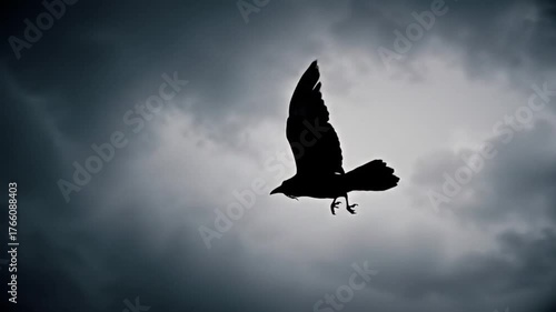 A silhouette of a crow flying against a cloudy sky background