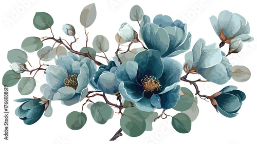 Elegant Blue Flower Arrangement with Branches and Lush Greene