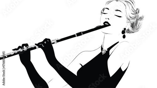 Elegant Woman Playing Clarinet in Black Dress Vector Illustration