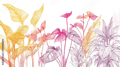 Exotic Plant Foliage Background Vector with Outline Isolated